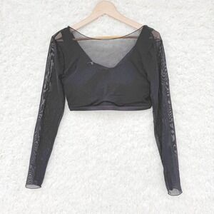 Laslulu Sheer Built in Bra Black Mesh‎ Long Sleeve Crop Top Gym Workout Shirt L